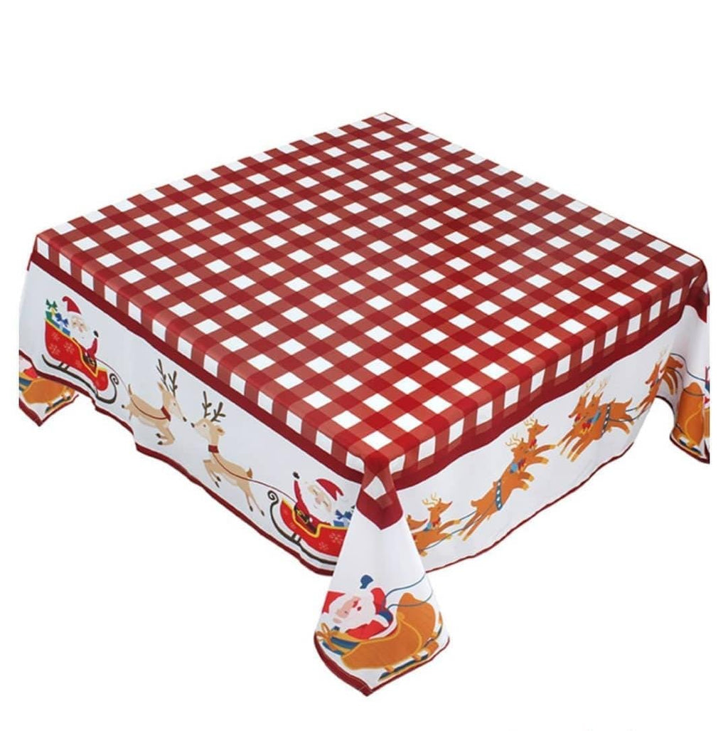 The red checkered Santa table cover