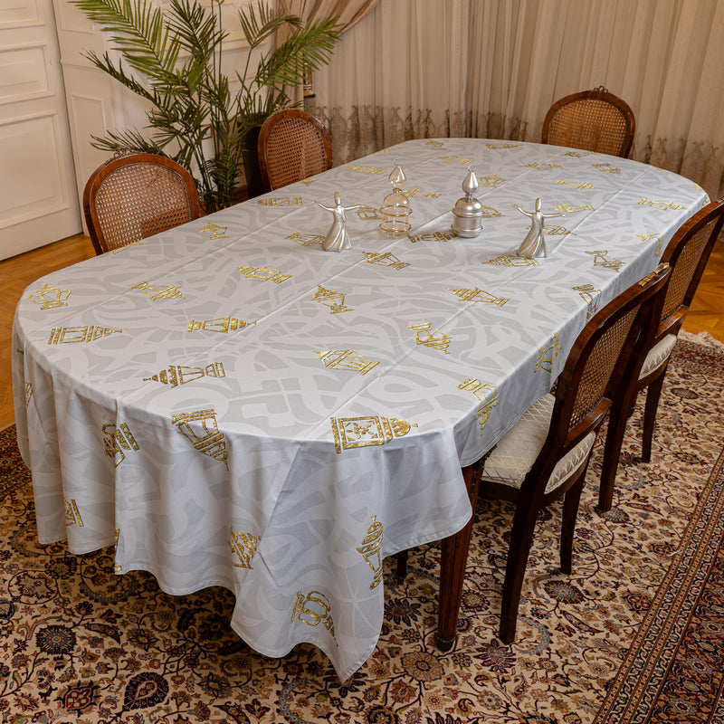 The Printed dark GREY with Golden mini lanterns table cover