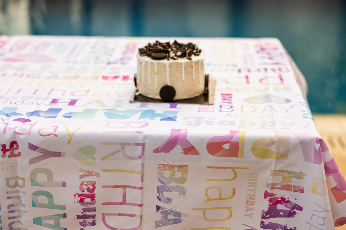 The colorful happy birthday table cover